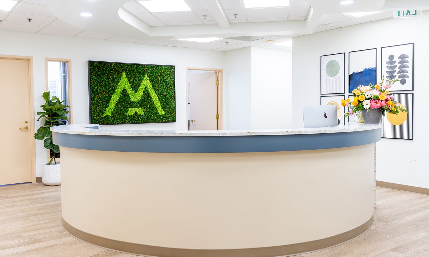Modern reception area with greenery and decor.