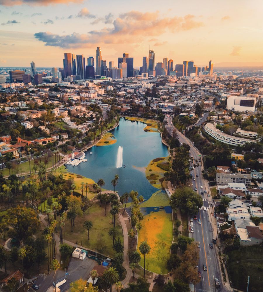 Aerial view of Los Angeles skyline and park.
