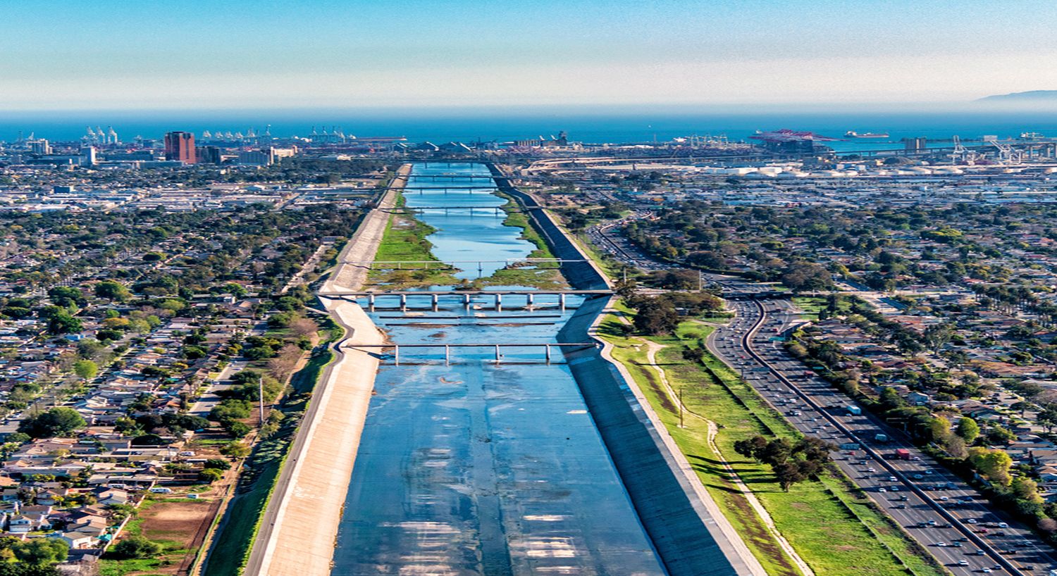 Aerial view of urban landscape with waterway.