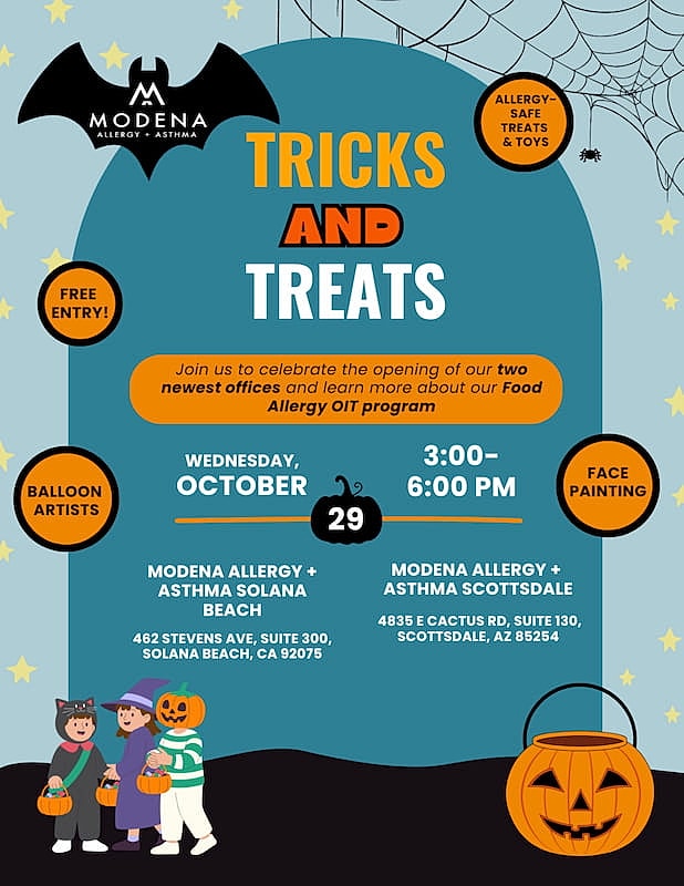 Modena Allergy Halloween tricks and treats event poster